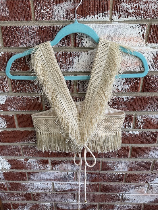 Tops - Cream Fringe Halter Top Festival Boho Western Tie Back Crop Top Size Small